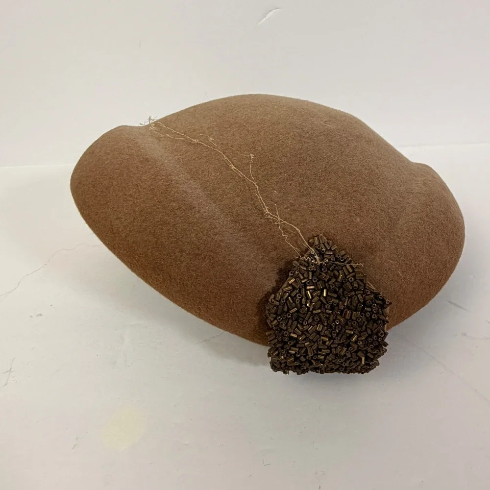Vintage Brown Felt Pillbox Hat Bronze Beaded Trim Fascinator Cocktail Church